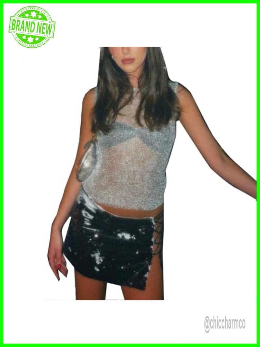 Sheer Mesh Glitter Crop Tank Top Sleeveless Cropped Shirt Blouse